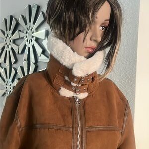 DIVIDED Women's Brown Shearling Suede jacket/ Artificial skin fur inside Sz L